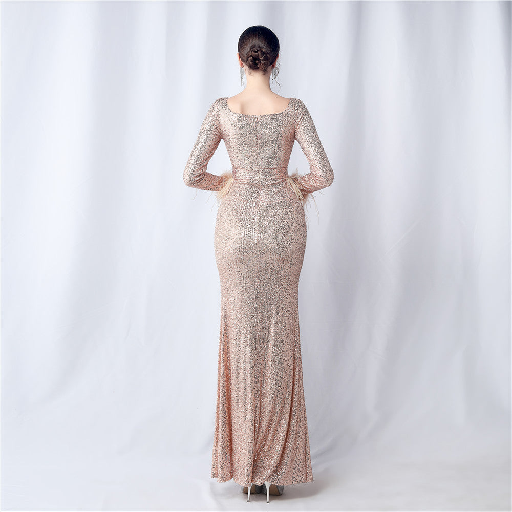 Ostrich Fur Long Sleeve Formal Dress