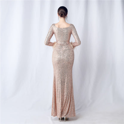 Ostrich Fur Long Sleeve Formal Dress