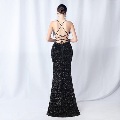 Velvet-backed hand-beaded formal dress