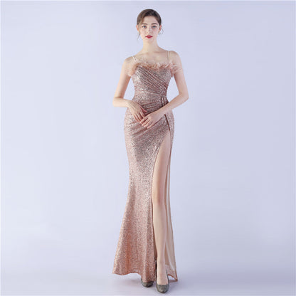 Ostrich Beaded Side Split Formal Dress
