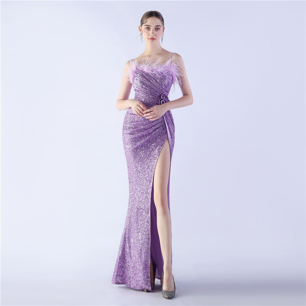 Fur Crafted Flower Formal Dress