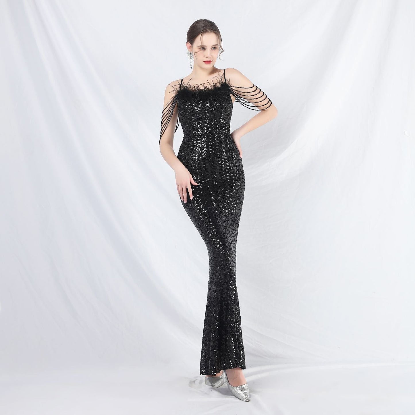 Ostrich Fur Illusion Beaded Formal Dress