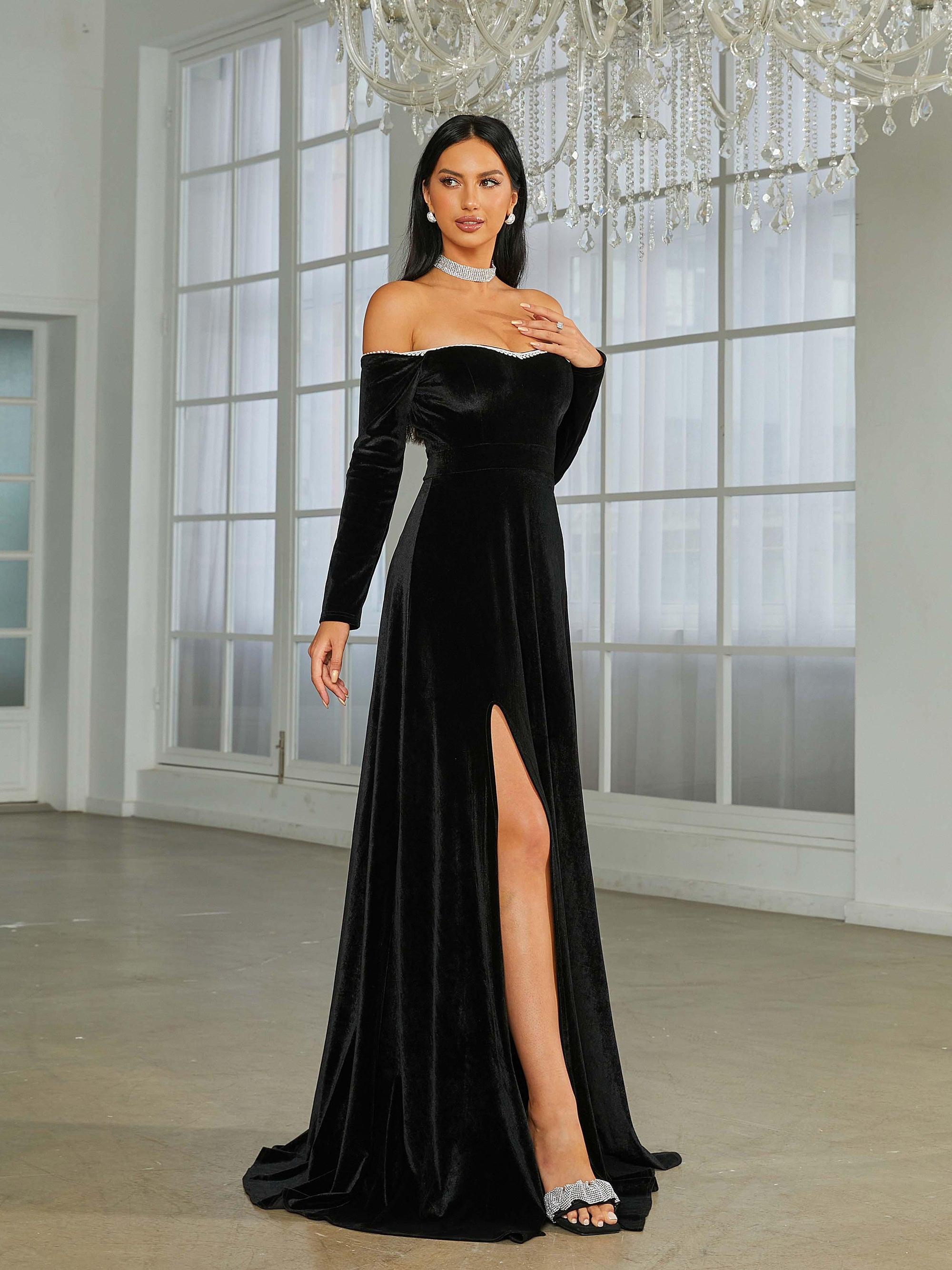 Off Shoulder Split Black Velvet Evening Dress