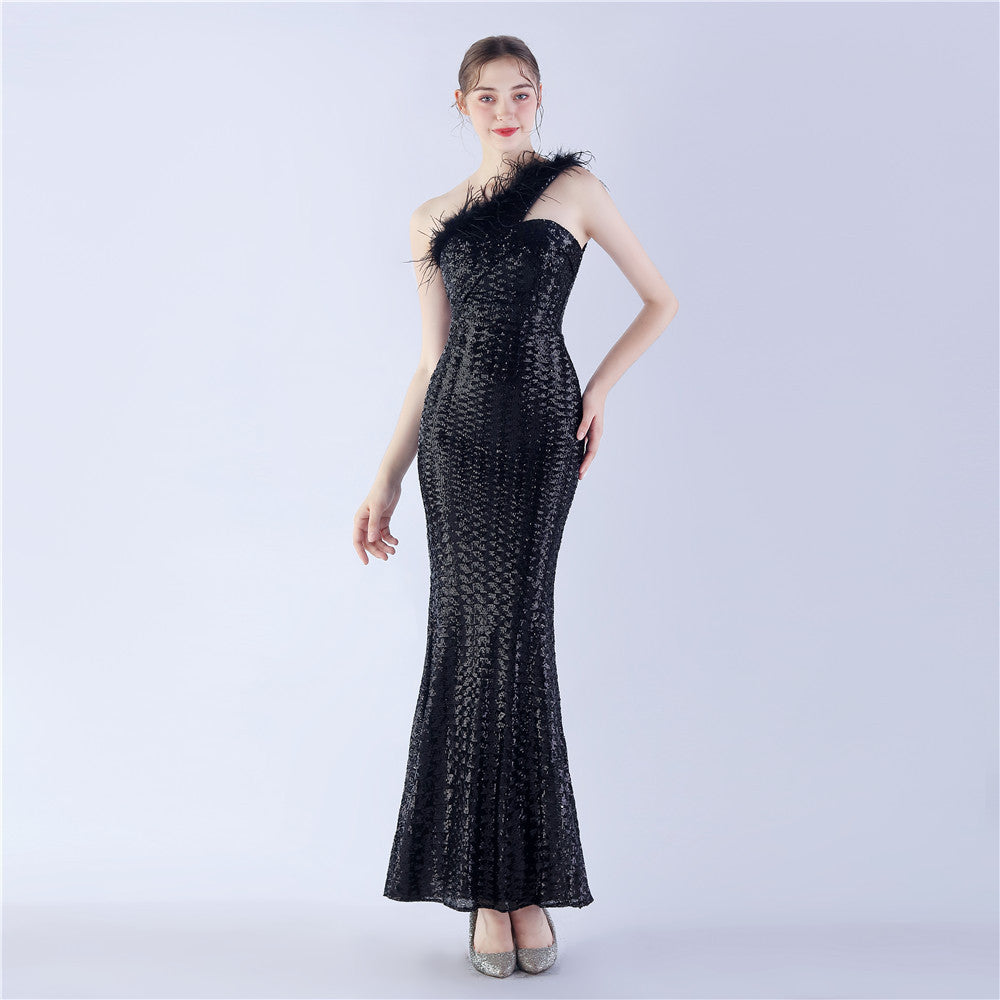 Ostrich Fur One-Shoulder Slant Neck Beaded Maxi Formal Dress