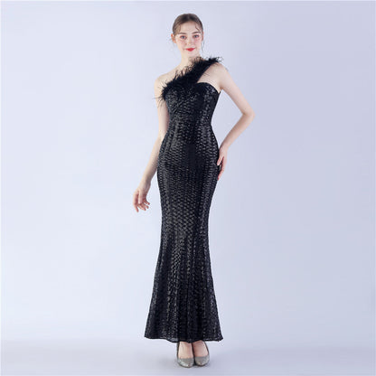 Ostrich Fur One-Shoulder Slant Neck Beaded Maxi Formal Dress
