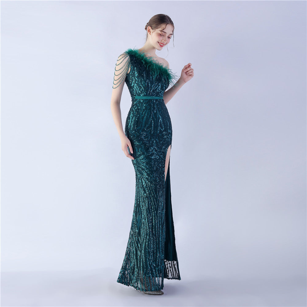 Fur Slant Neck One Shoulder Formal Dress