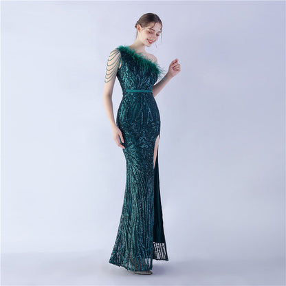 Fur Slant Neck One Shoulder Formal Dress