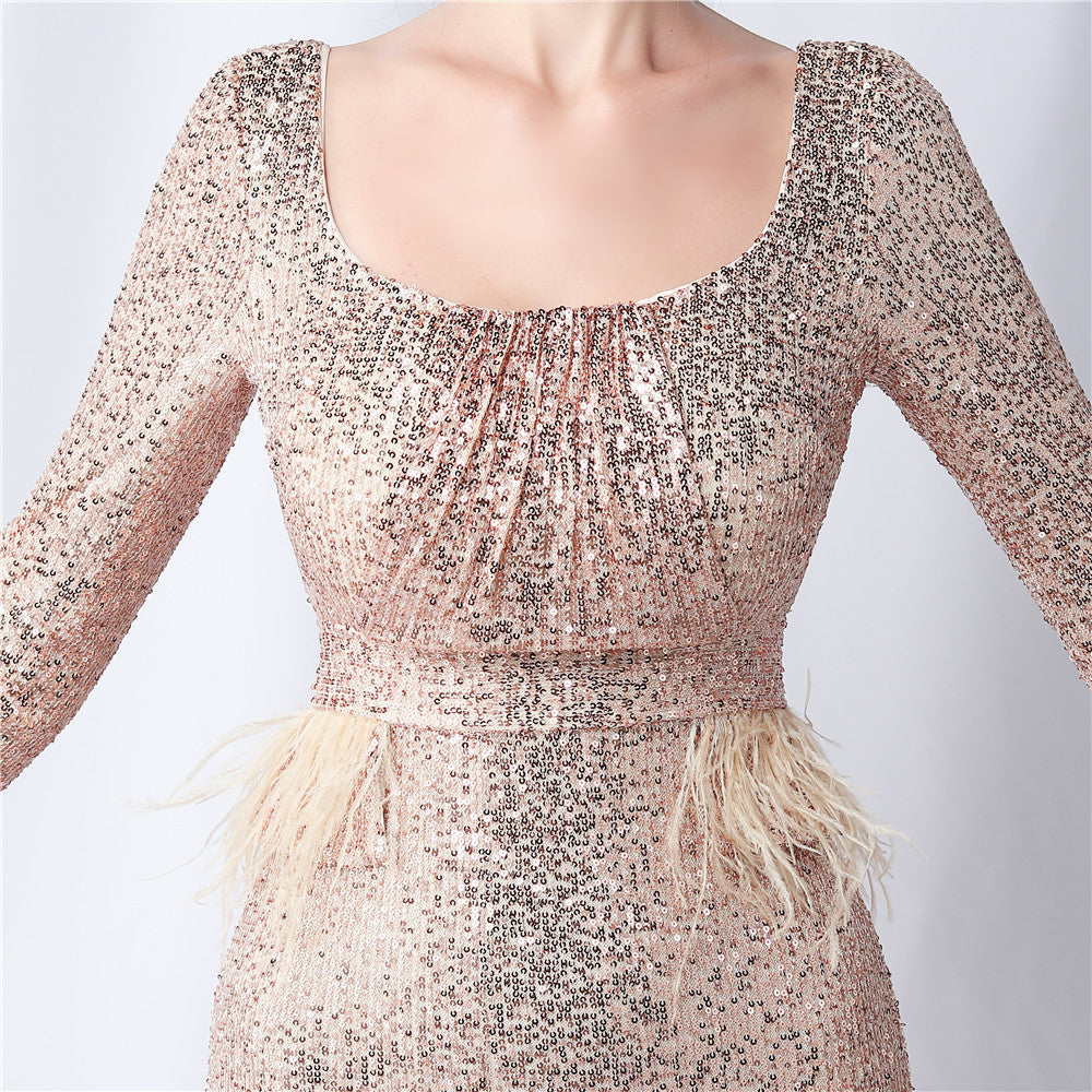 Ostrich Fur Long Sleeve Formal Dress
