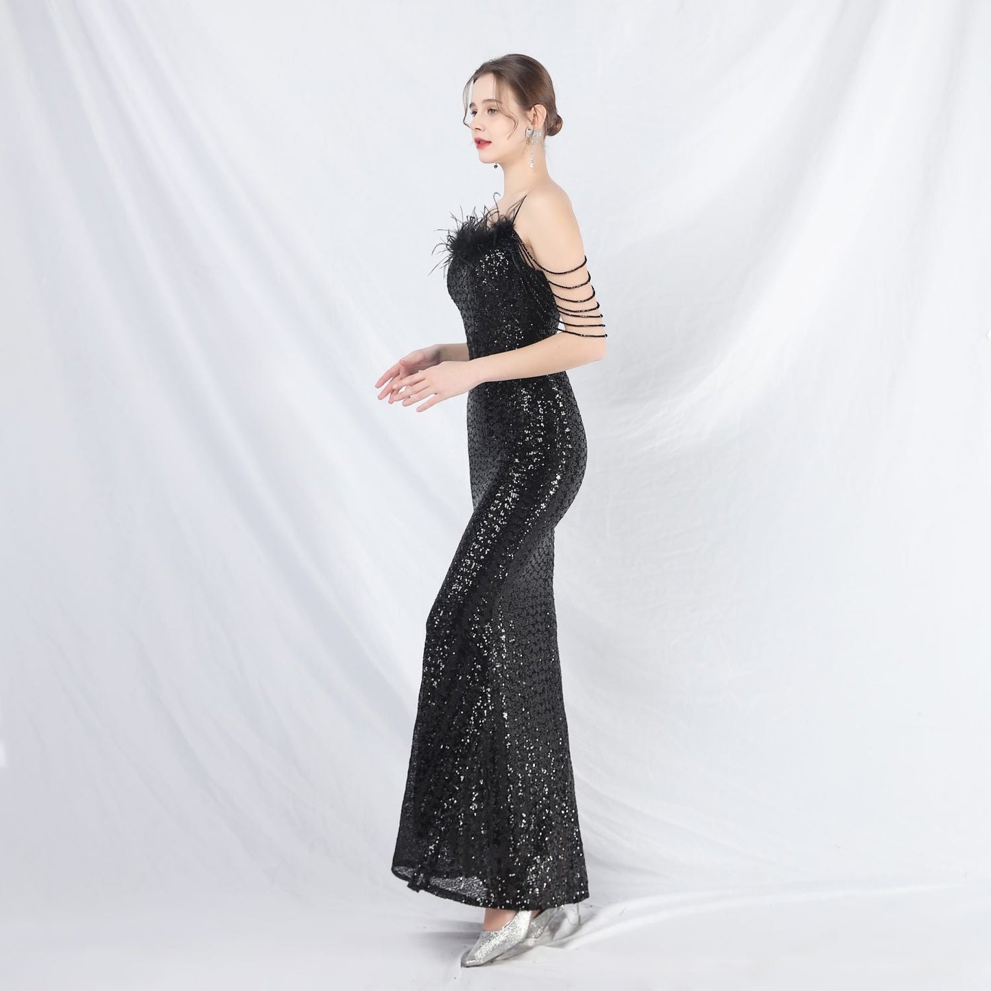 Ostrich Fur Illusion Beaded Formal Dress