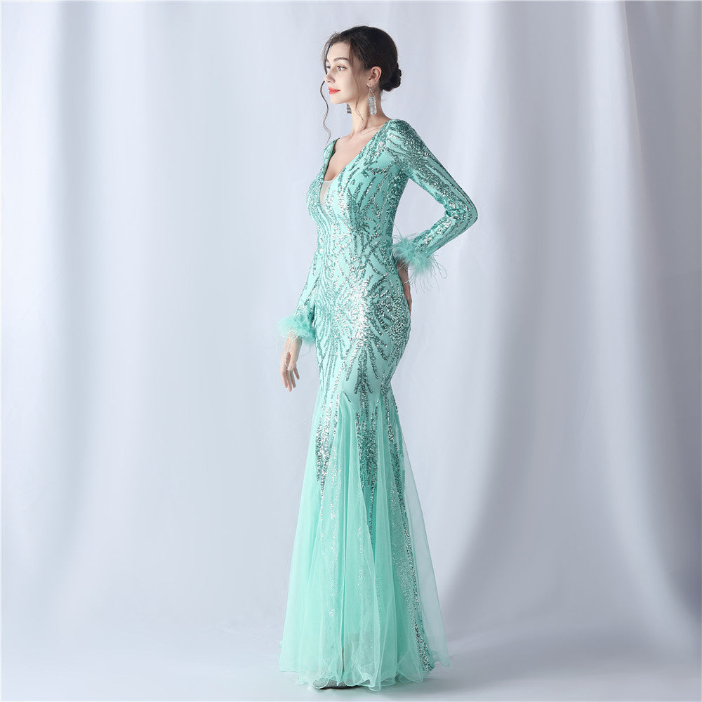 Ostrich Fur Mesh Beaded Formal Dresses