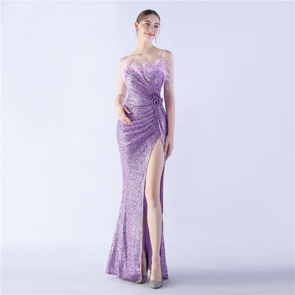 Fur Crafted Flower Formal Dress