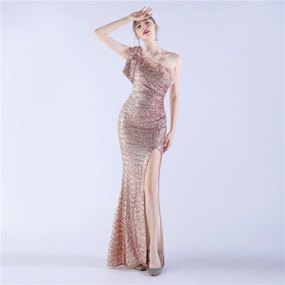 Fur Sequin One Shoulder Formal Dress