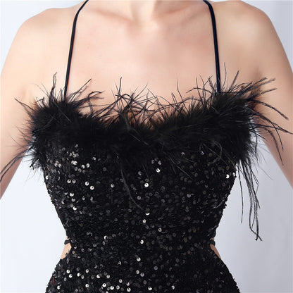 Velvet-backed hand-beaded formal dress