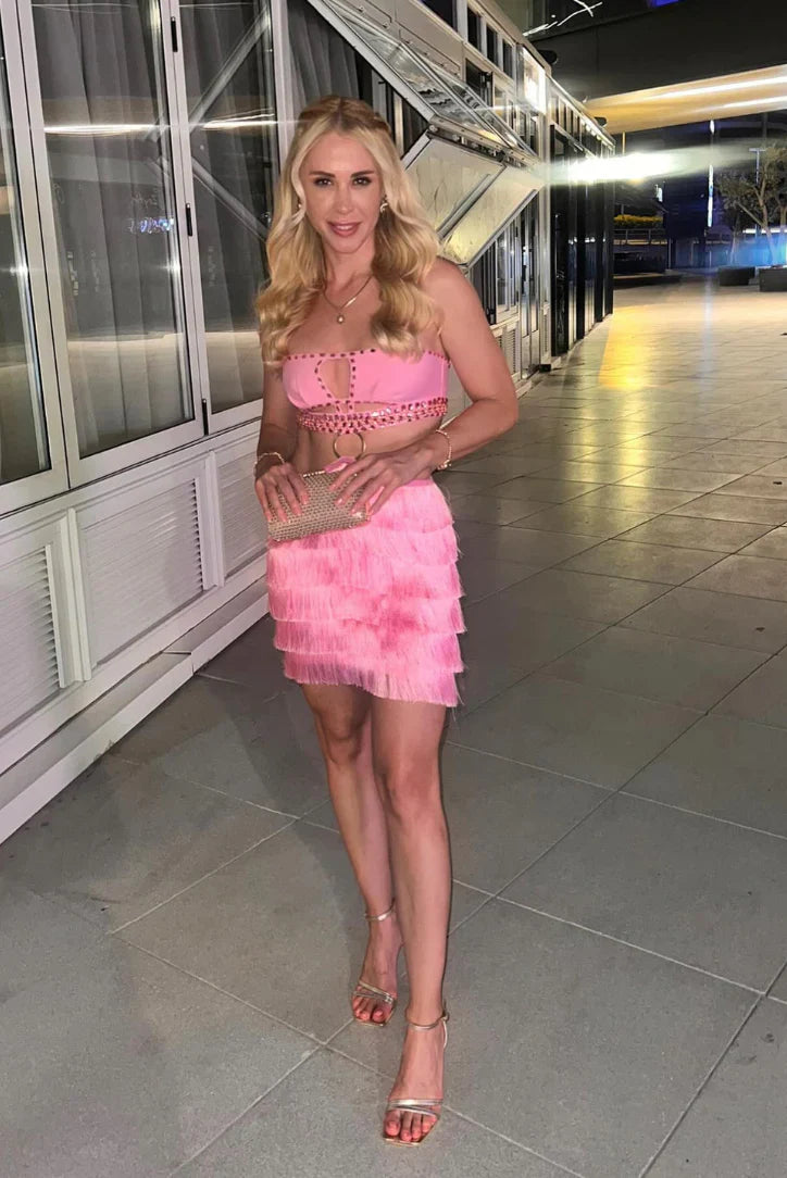 PINK RHINESTONE CUTOUT FRINGE DRESS