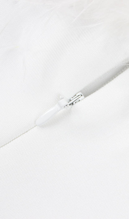 FEATHER BODYCON MAXI DRESS IN WHITE