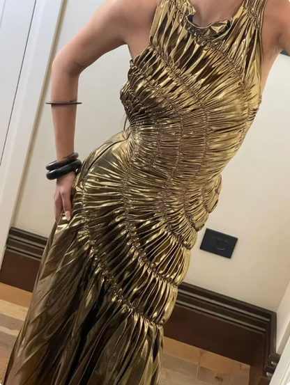 jennifer Hot stamping pleated sleeveless maxi dress