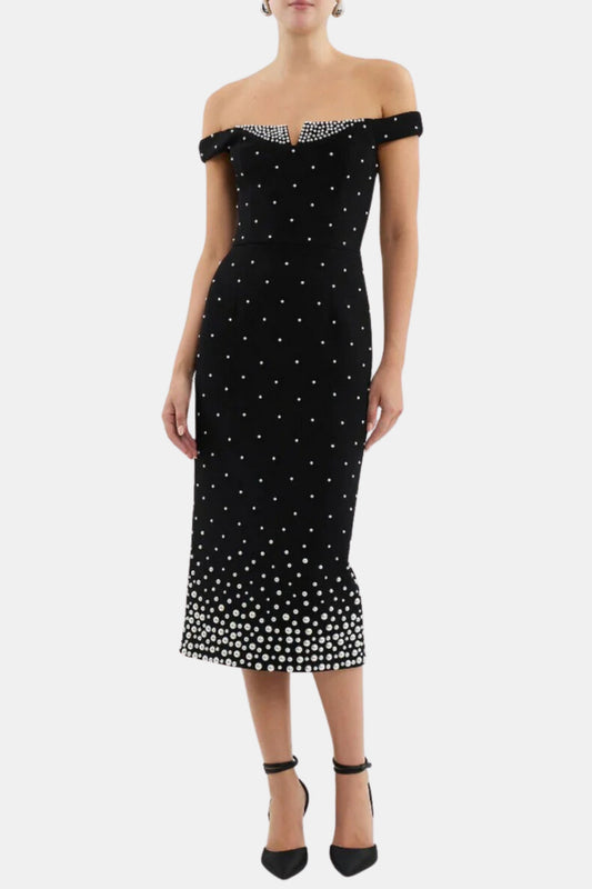 pearl polka dots embellished midi dress in black