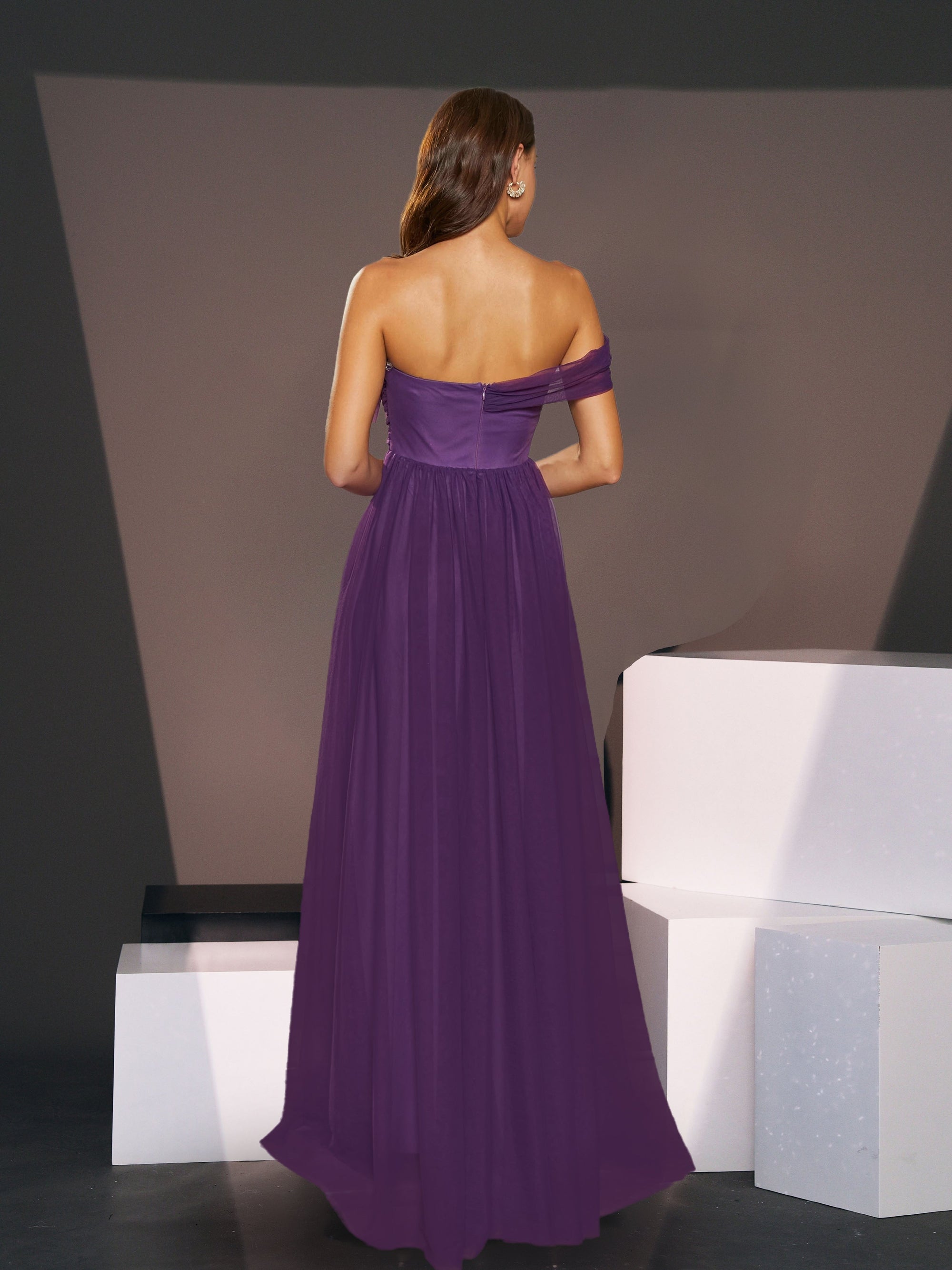 Off Shoulder Pleated A-Line Purple Tulle Bridesmaid Dress