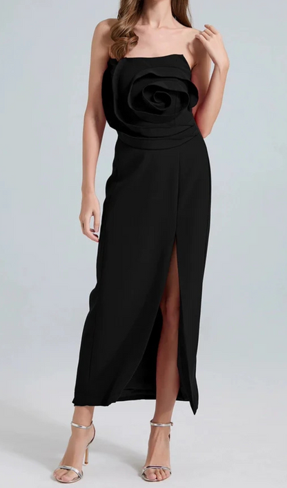 michelle 3d flower strapless midi dress in black