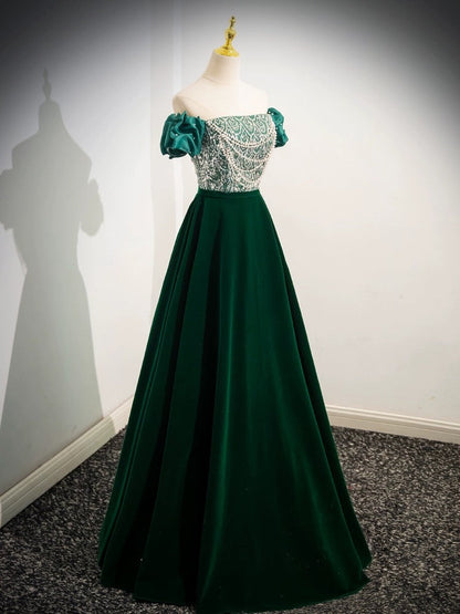 A-Line Velvet Sequin Beads Green Dress
