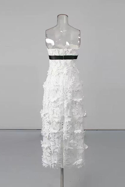 Strapless Flower Embroidery Maxi Dress In White