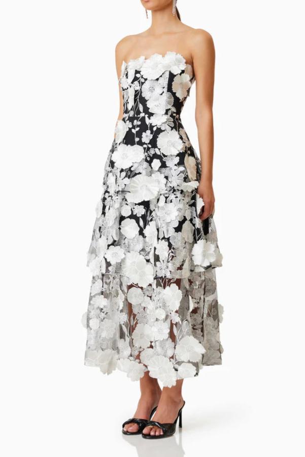 Selene 3D flower Tiered Maxi Dress In Black