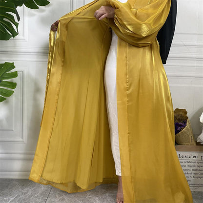 Shiny Silk Balloon Sleeves Lined Cardigan