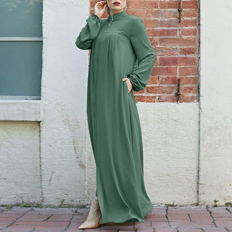 Muslim Style Arabic Style Stand-up Collar Zipper Pockets Abaya Casual Dresses
