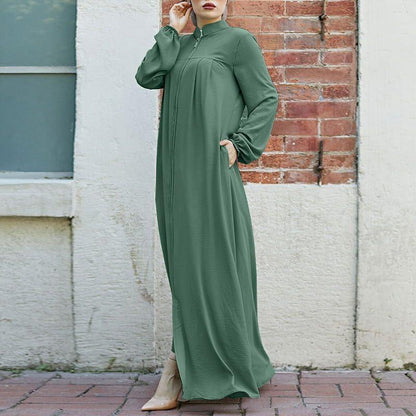 Muslim Style Arabic Style Stand-up Collar Zipper Pockets Abaya Casual Dresses