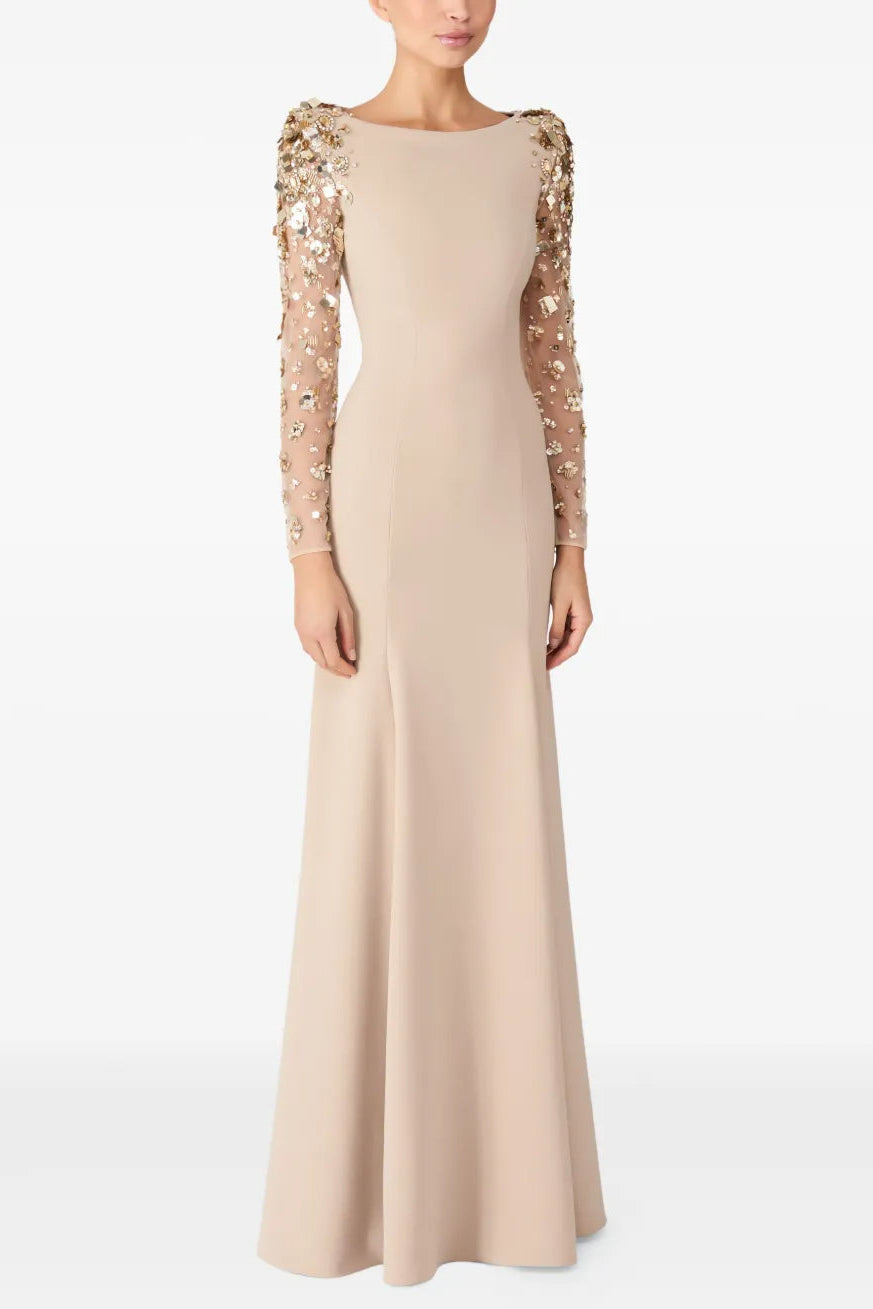 martha Mesh splicing beading diamond maxi dress in apricot