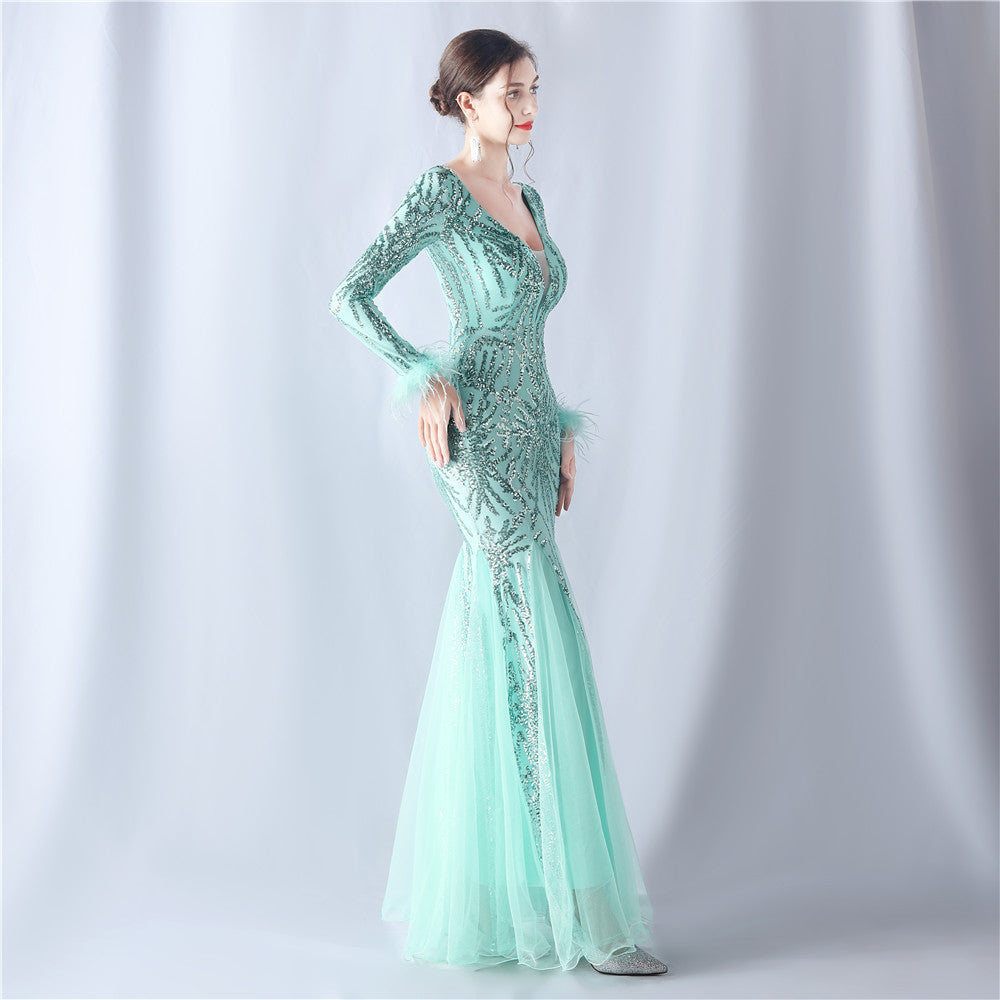 Ostrich Fur Mesh Beaded Formal Dresses