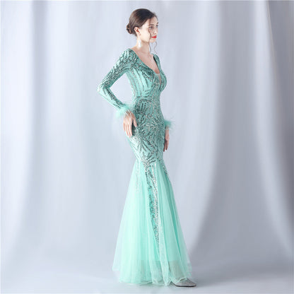 Ostrich Fur Mesh Beaded Formal Dresses