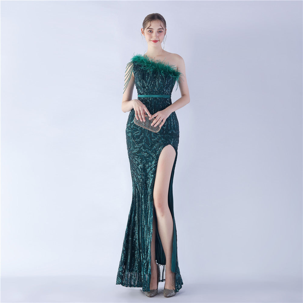 Fur Slant Neck One Shoulder Formal Dress