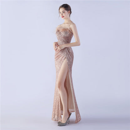 Ostrich Beaded Side Split Formal Dress