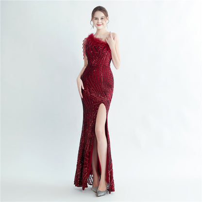 Fur Layered Beaded Formal Dress