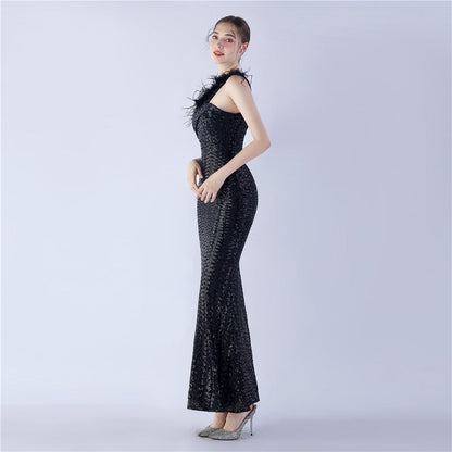 Ostrich Fur One-Shoulder Slant Neck Beaded Maxi Formal Dress