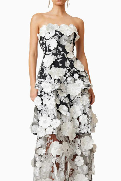 Selene 3D flower Tiered Maxi Dress In Black