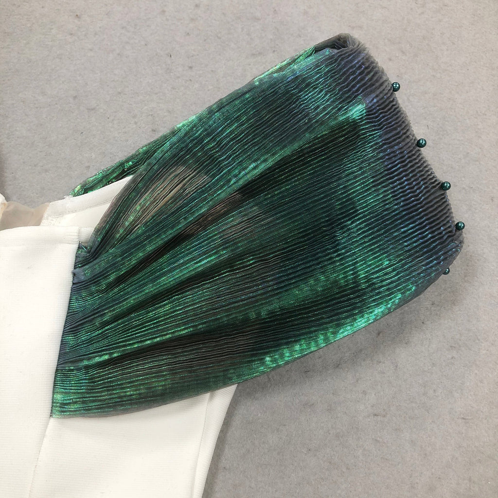 Off-Shoulder pearl embellished bodycon maxi dress in green