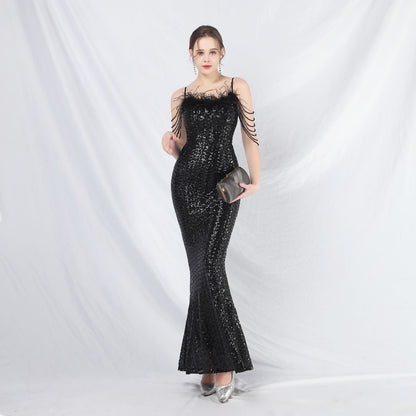 Ostrich Fur Illusion Beaded Formal Dress