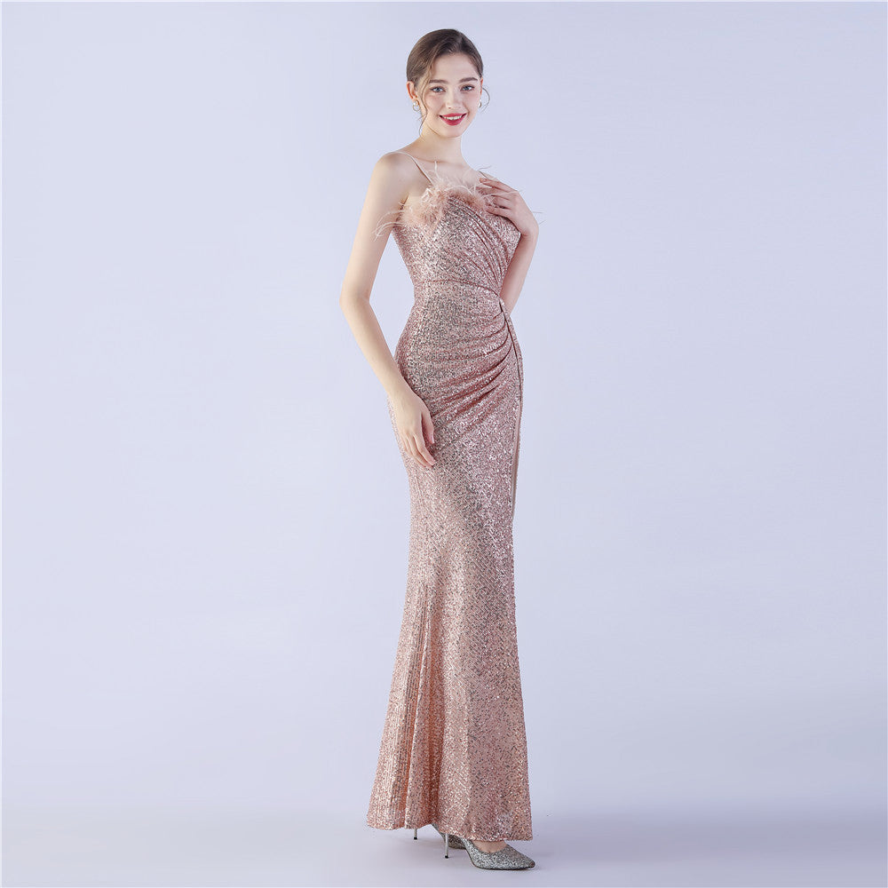 Ostrich Beaded Side Split Formal Dress
