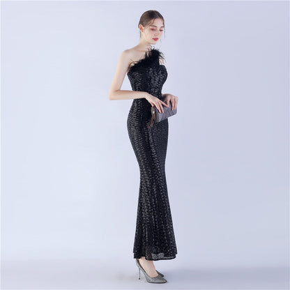Ostrich Fur One-Shoulder Slant Neck Beaded Maxi Formal Dress