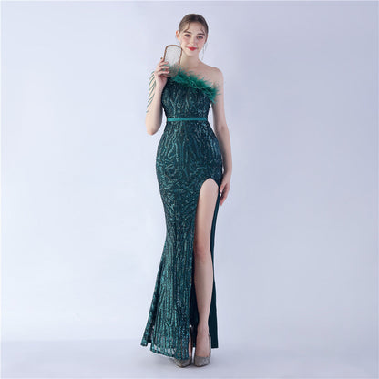 Fur Slant Neck One Shoulder Formal Dress