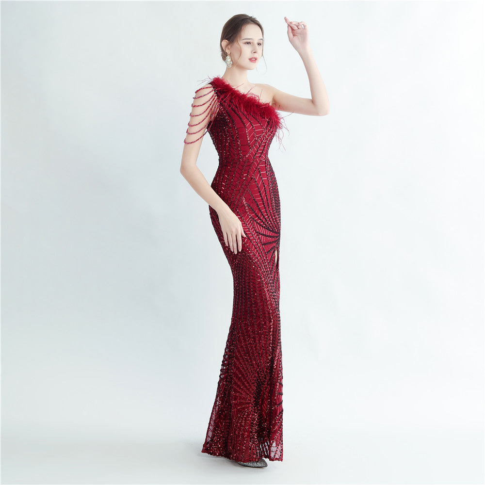 Fur Layered Beaded Formal Dress