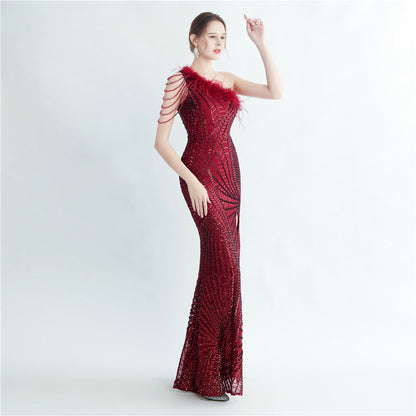 Fur Layered Beaded Formal Dress