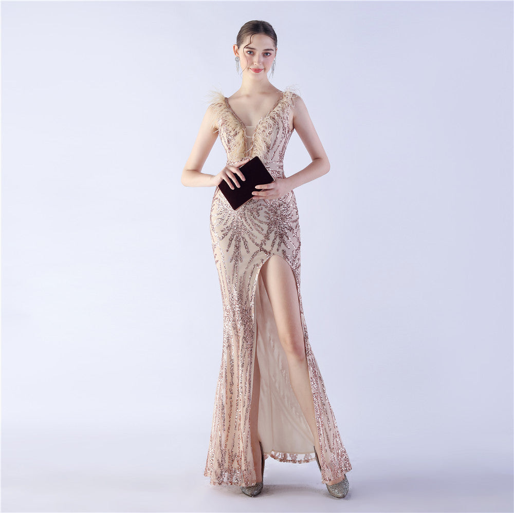 Camel Hair Side Split Formal Dress