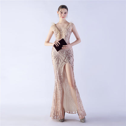 Camel Hair Side Split Formal Dress