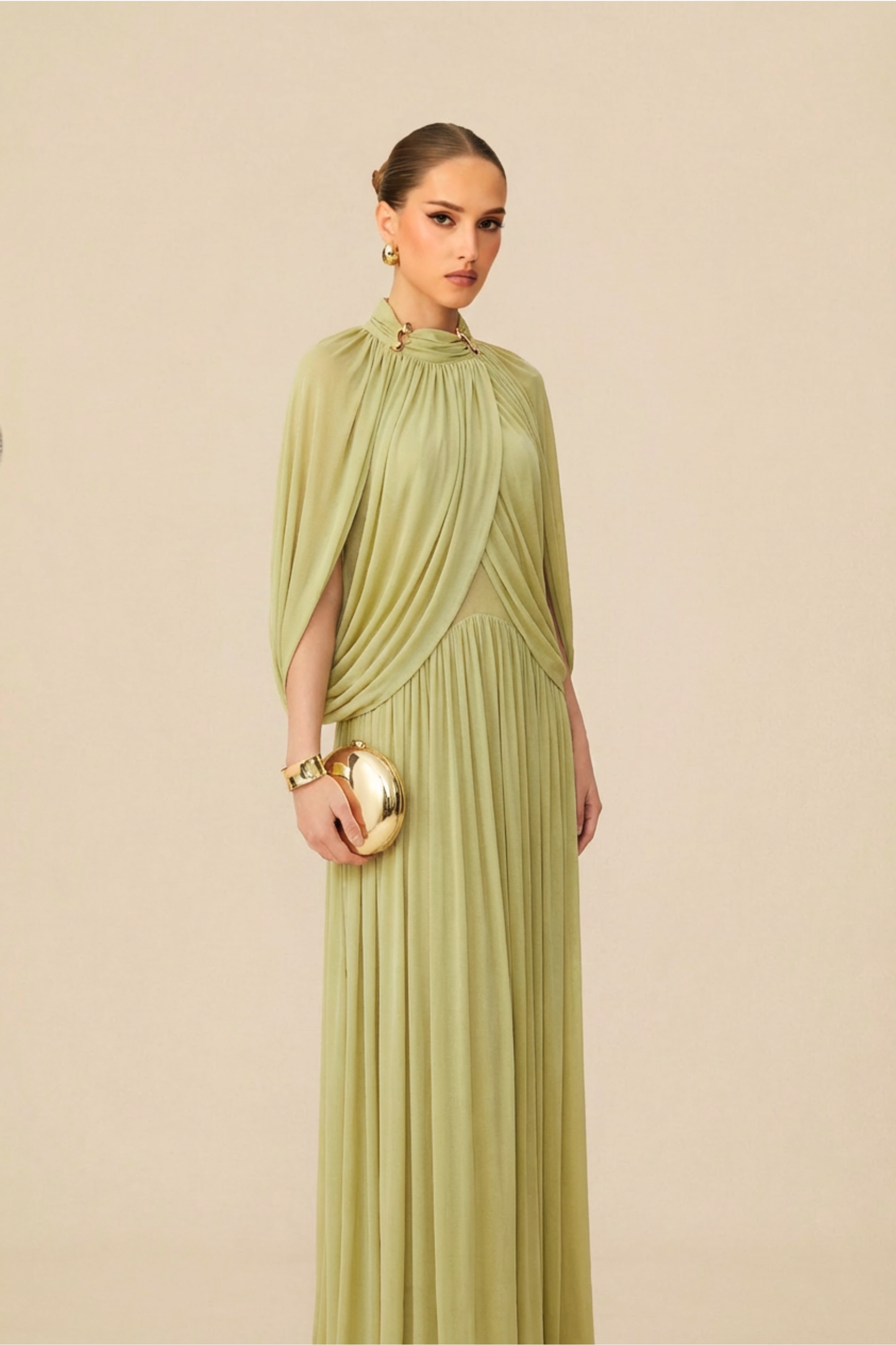 leona Green Draped Cape Sleeve Knit Maxi Dress