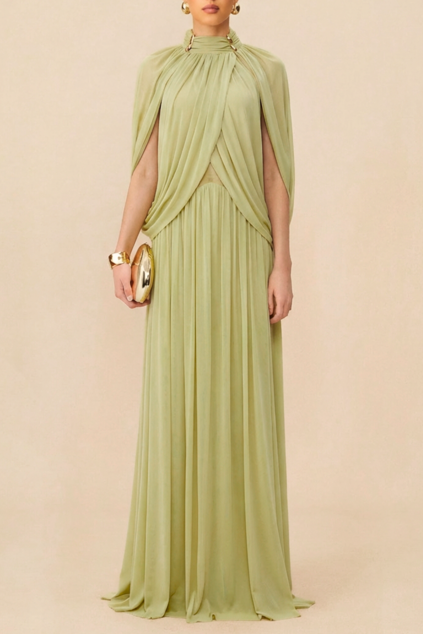 leona Green Draped Cape Sleeve Knit Maxi Dress