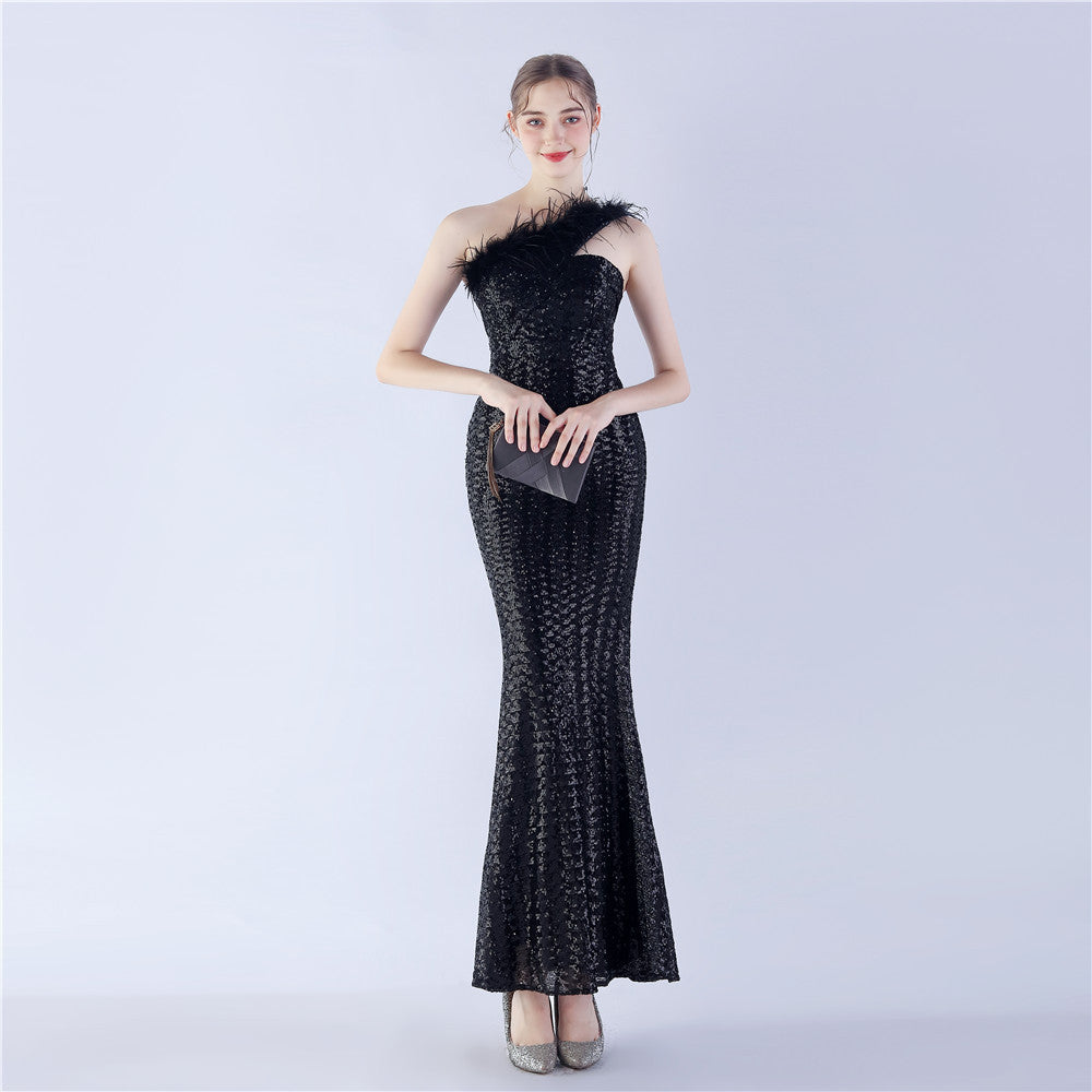Ostrich Fur One-Shoulder Slant Neck Beaded Maxi Formal Dress