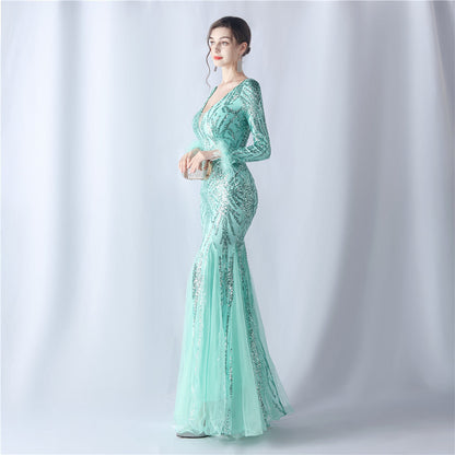 Ostrich Fur Mesh Beaded Formal Dresses